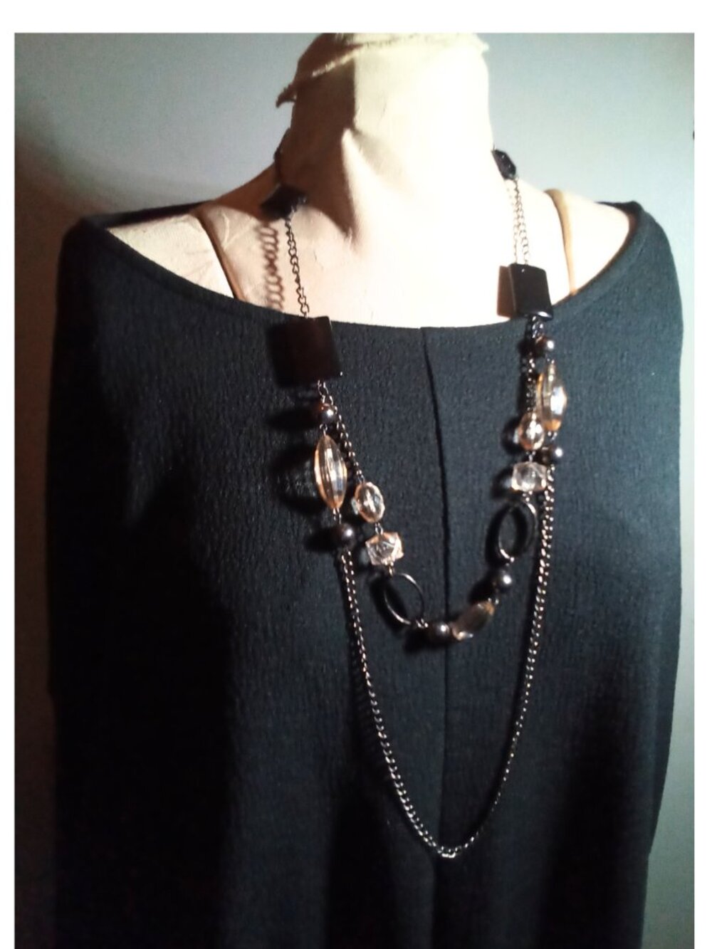 Beaded Necklace Black Amber Gun Metal Toned Chain 34 1/2 inches